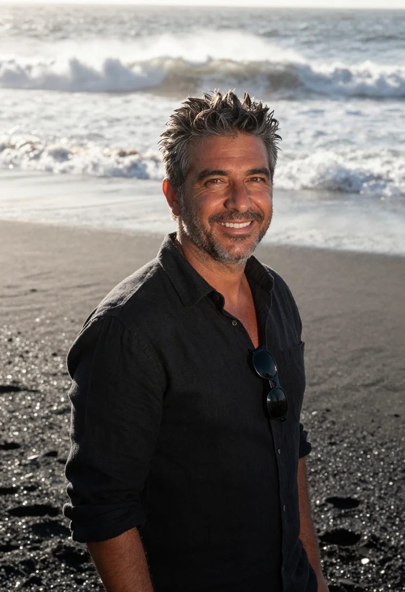 AI lanzarote lava black sample — portrait of a man, framed chest-up from the ribs with the bo