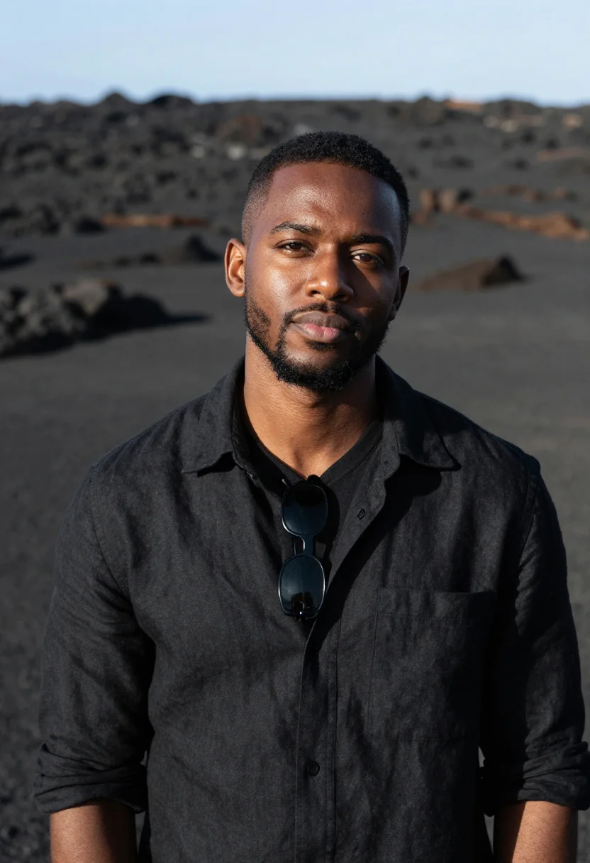 AI lanzarote lava black sample — portrait of a man, framed as a tight headshot from the crown