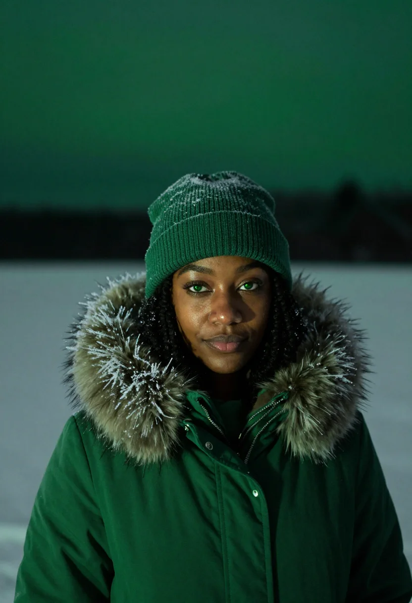 AI lapland aurora green sample — portrait of a woman, framed head and shoulders, tighter, the