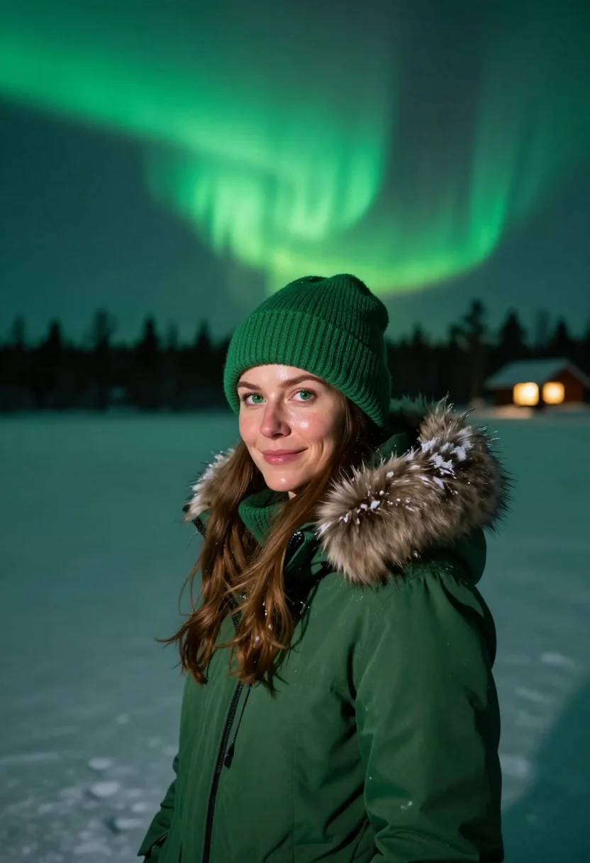 AI lapland aurora green sample — portrait of a woman, framed head and shoulders, tighter, the