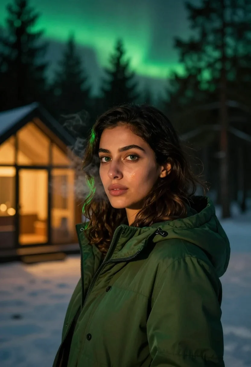 AI lapland aurora green sample — portrait of a woman, framed as a tight headshot from the cro