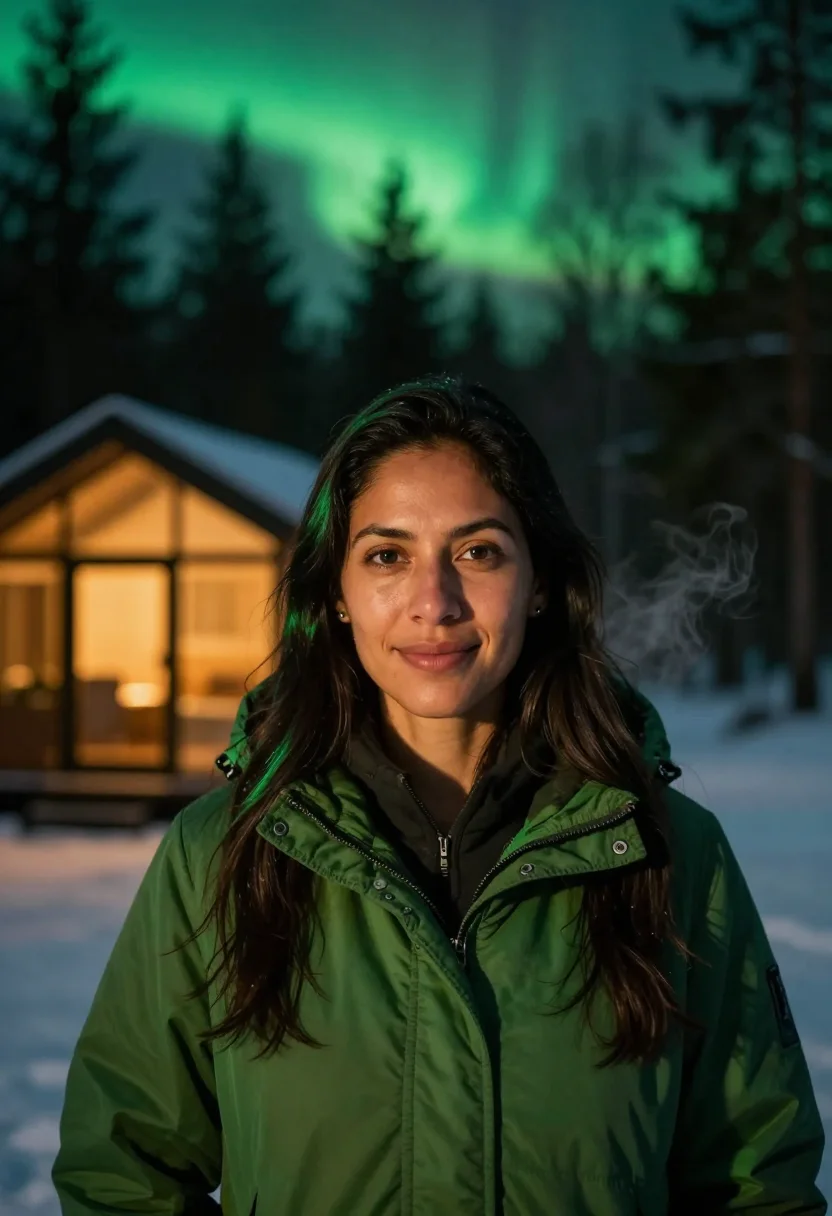 AI lapland aurora green sample — portrait of a woman, framed head and shoulders, tighter, the