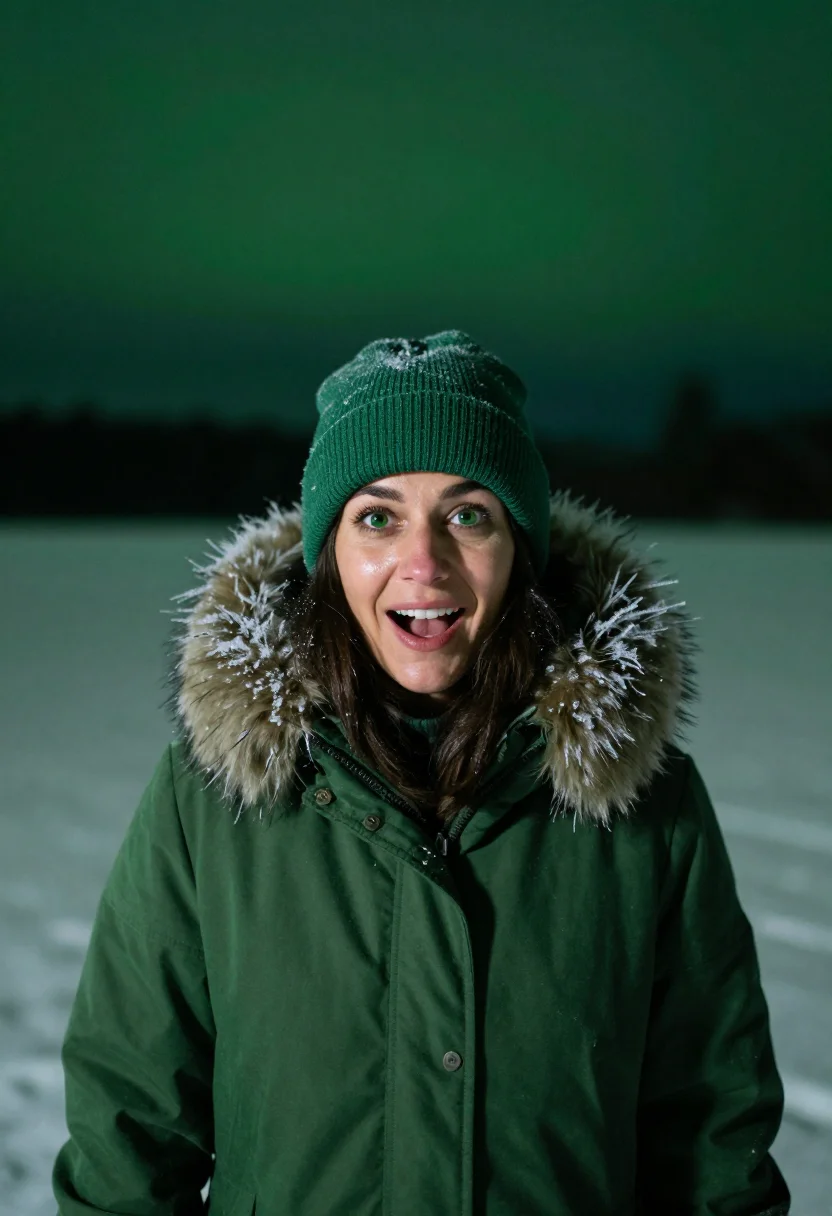 AI lapland aurora green sample — portrait of a woman, framed chest-up from the ribs with the