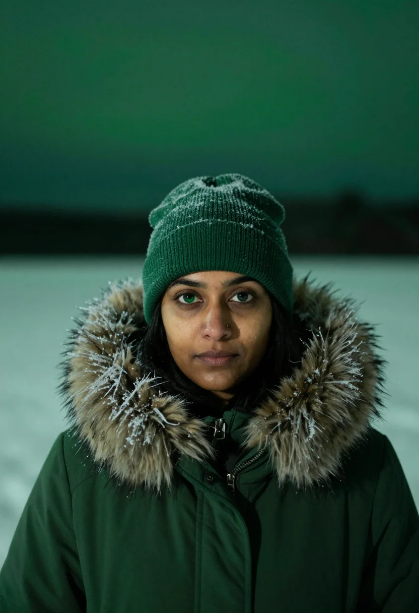 AI lapland aurora green sample — portrait of a woman, framed as a tight headshot from the cro