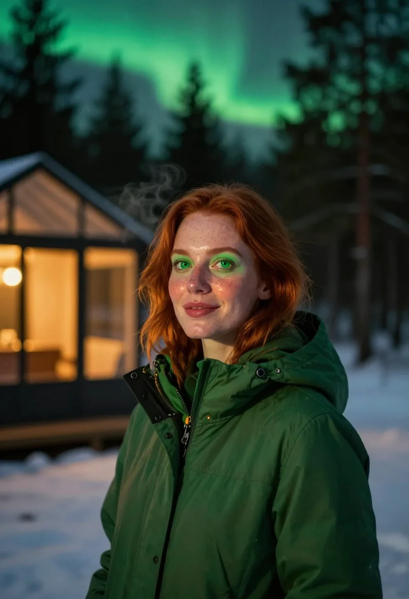 AI lapland aurora green sample — portrait of a woman, framed chest-up from the ribs with the
