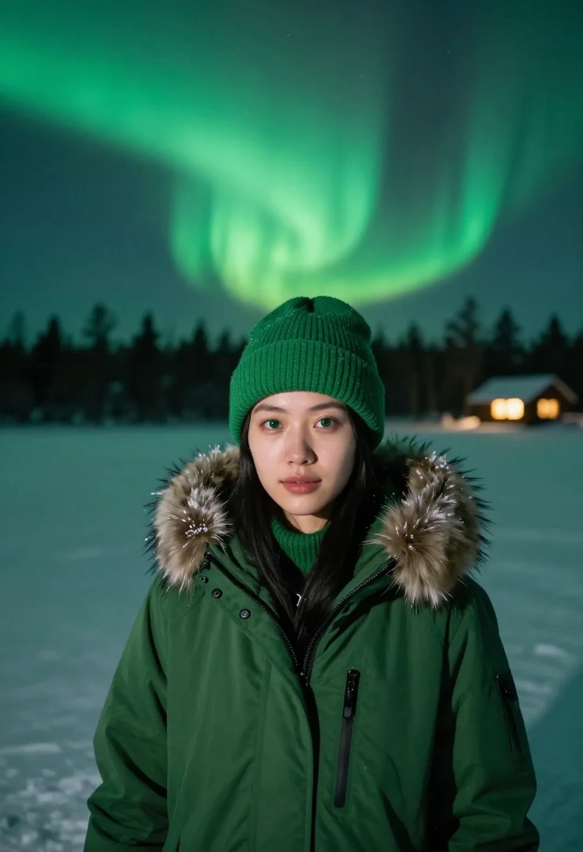 AI lapland aurora green sample — portrait of a woman, framed as a tight headshot from the cro