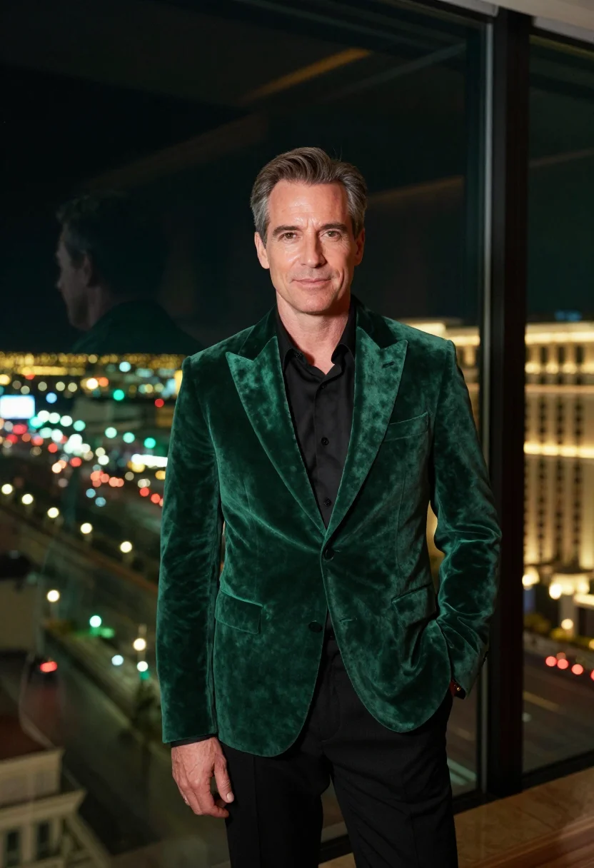 AI las vegas casino host emerald sample — portrait of a man, framed at half-length, cropped at the hip