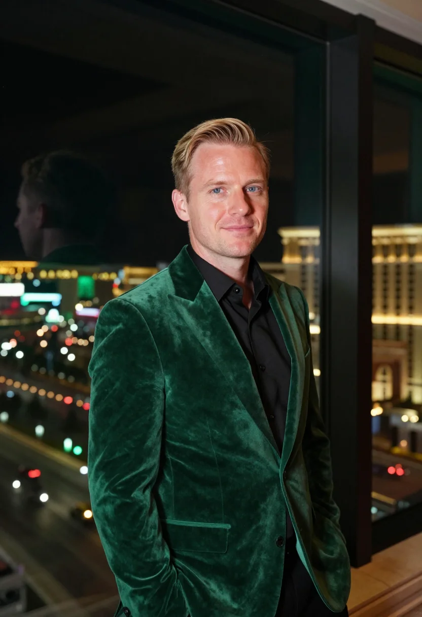 AI las vegas casino host emerald sample — portrait of a man, framed tight, head and shoulders, the bod