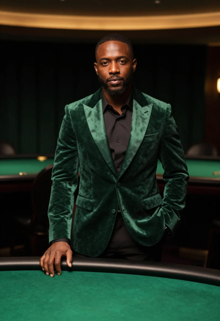AI las vegas casino host emerald sample — portrait of a man, framed at half-length, cropped at the hip