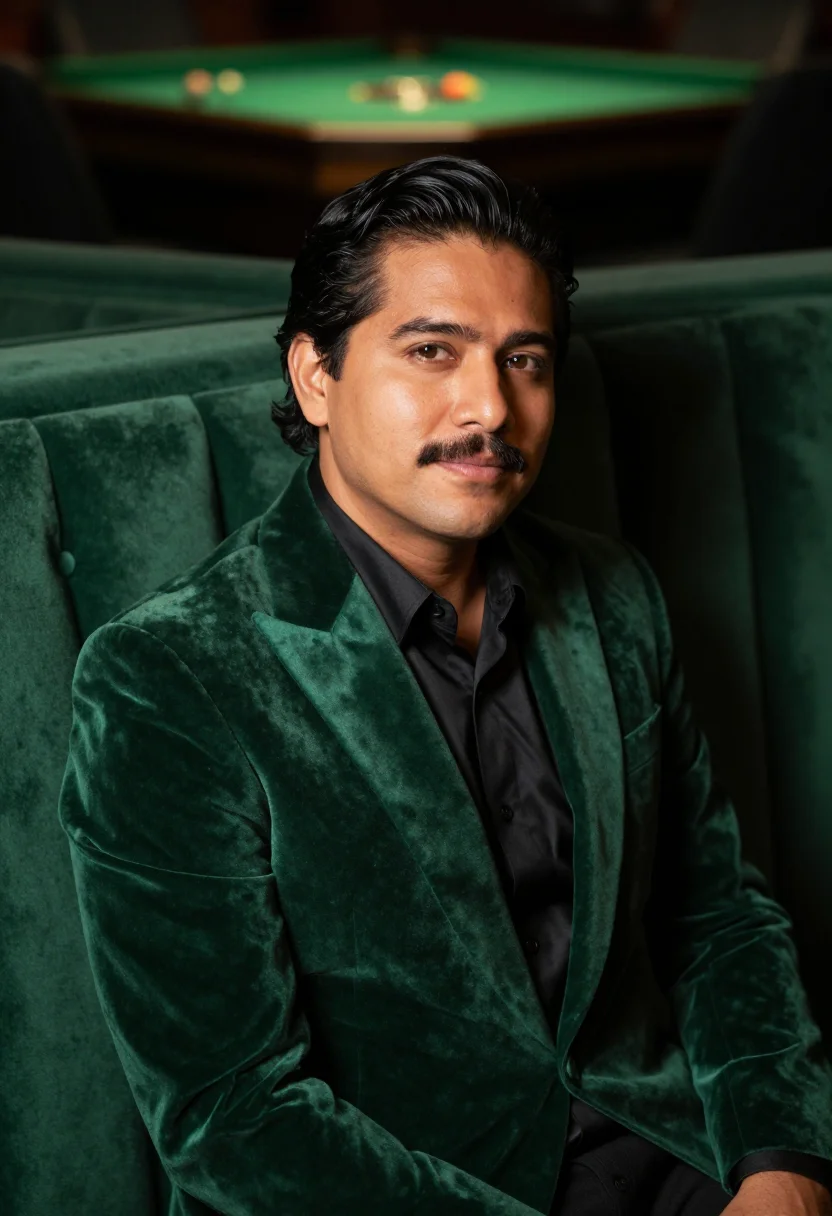 AI las vegas casino host emerald sample — portrait of a man, framed tight, head and shoulders, the bod