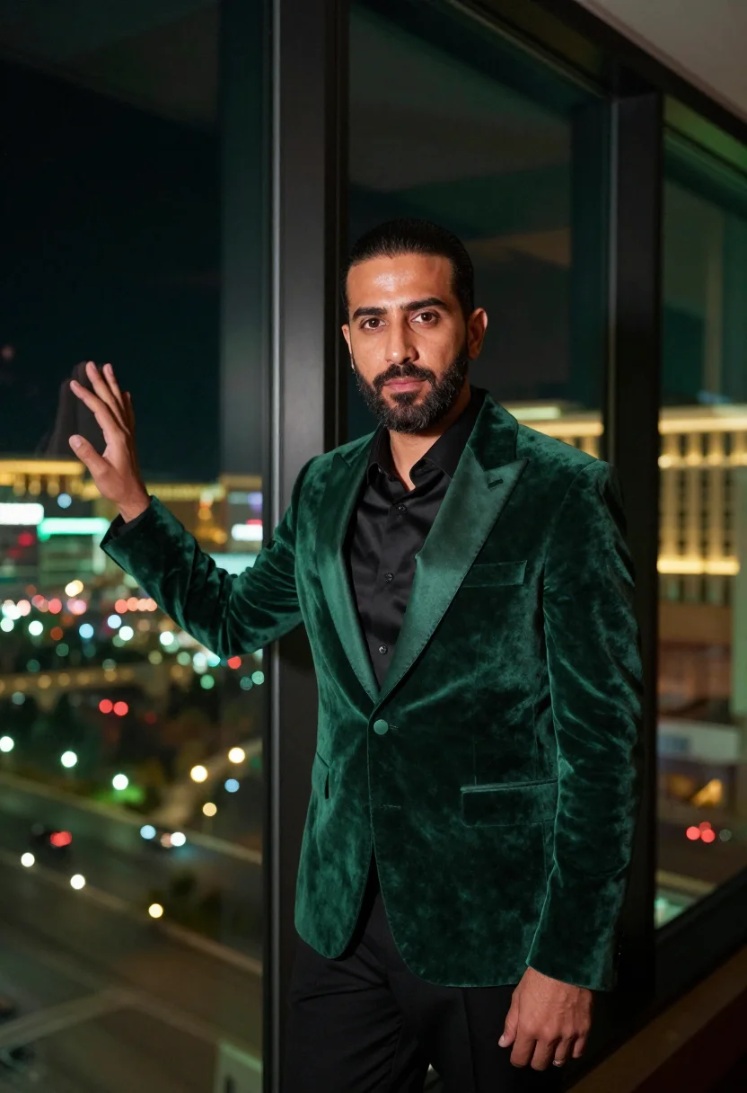 AI las vegas casino host emerald sample — portrait of a man, framed chest-up, cropped at the ribs, the