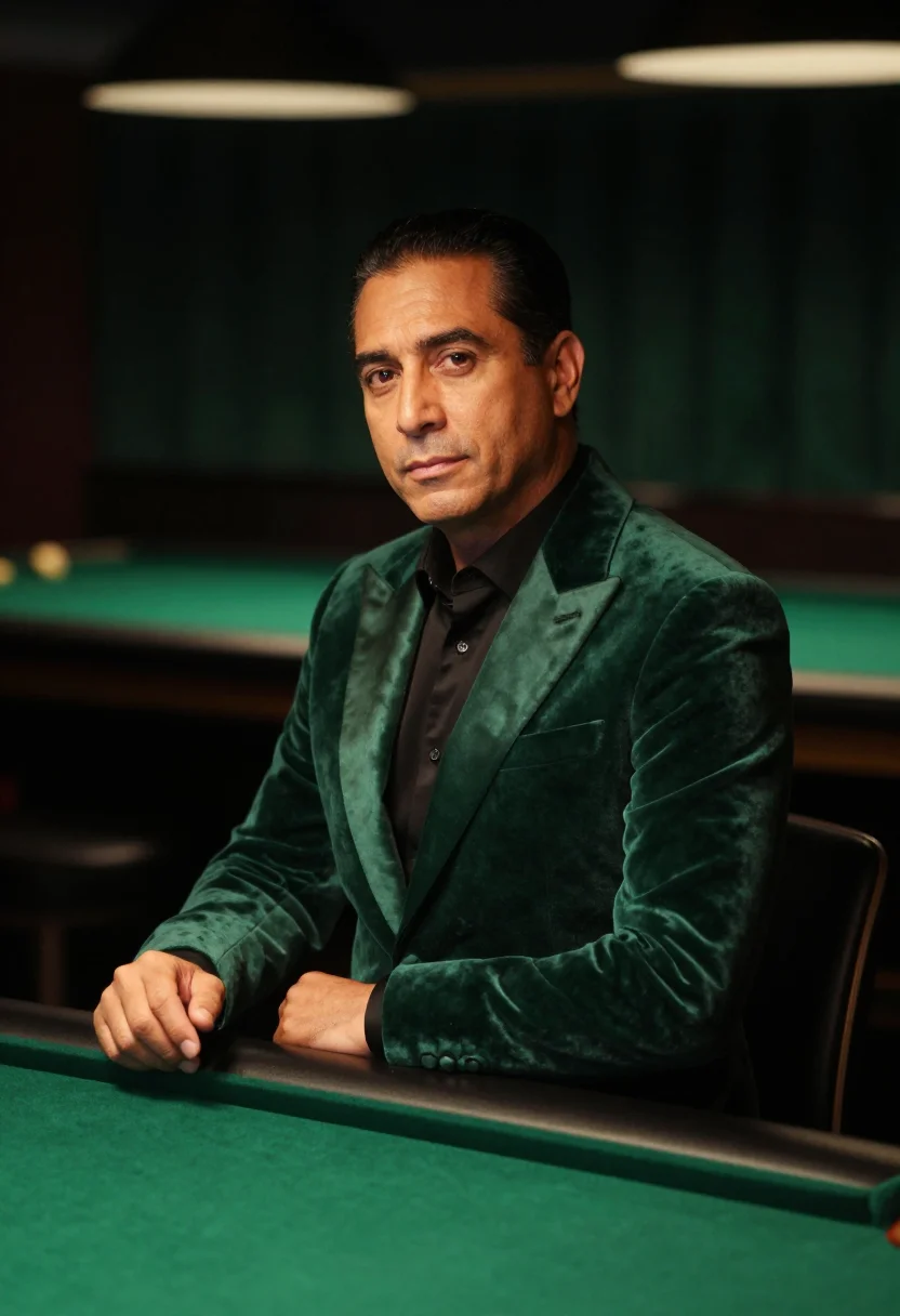 AI las vegas casino host emerald sample — portrait of a man, framed chest-up, cropped at the ribs, the