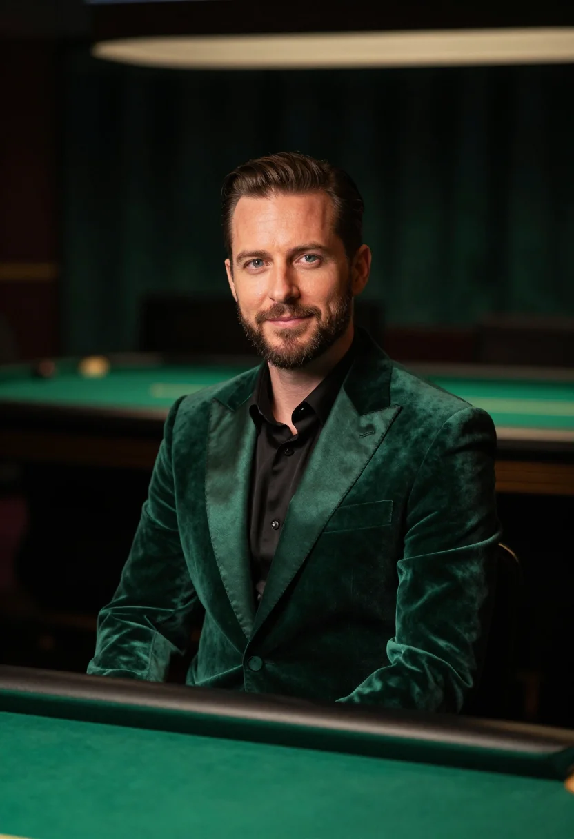 AI las vegas casino host emerald sample — portrait of a man, framed tight, head and shoulders, the bod