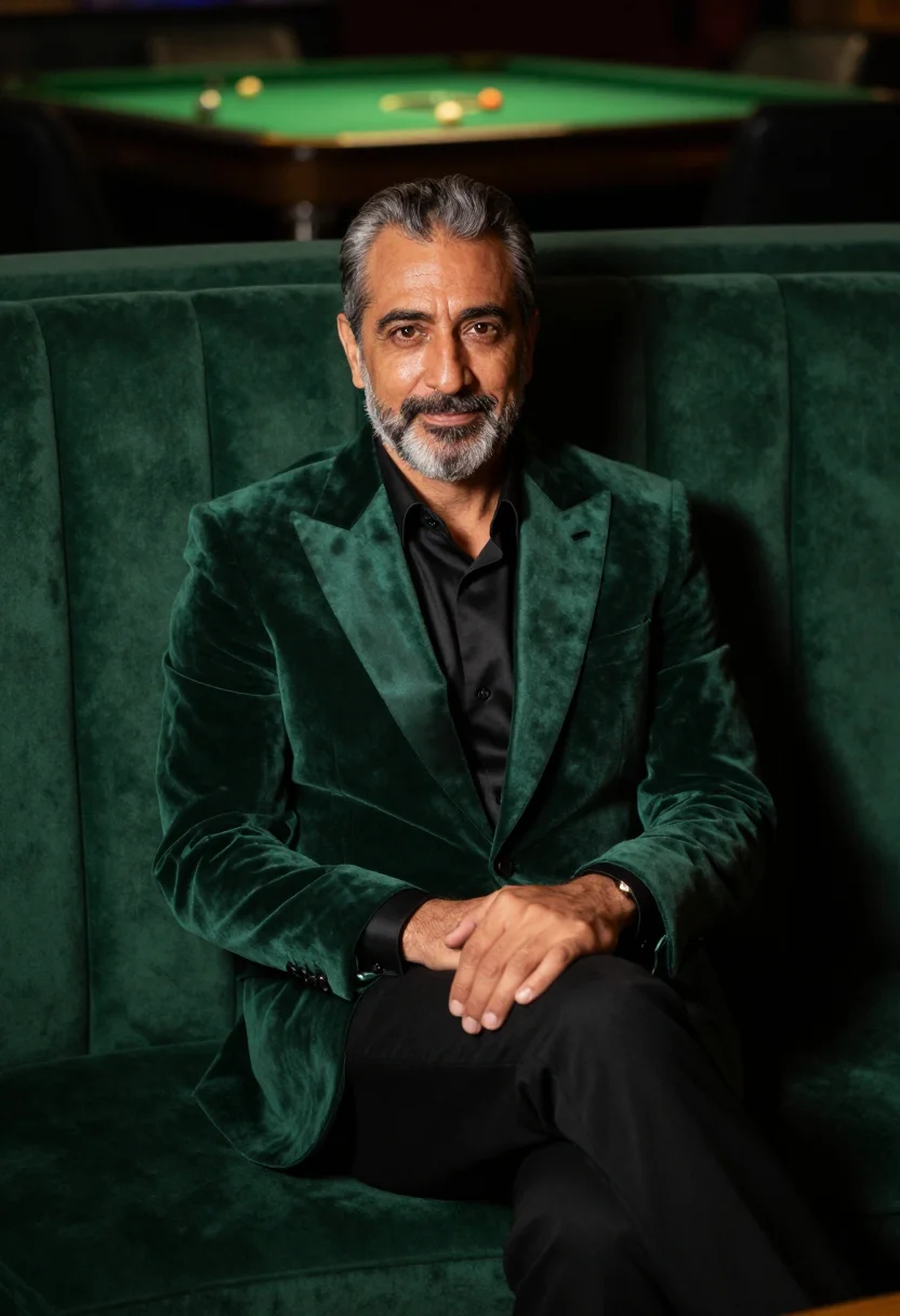 AI las vegas casino host emerald sample — portrait of a man, framed at half-length, seated, cropped at