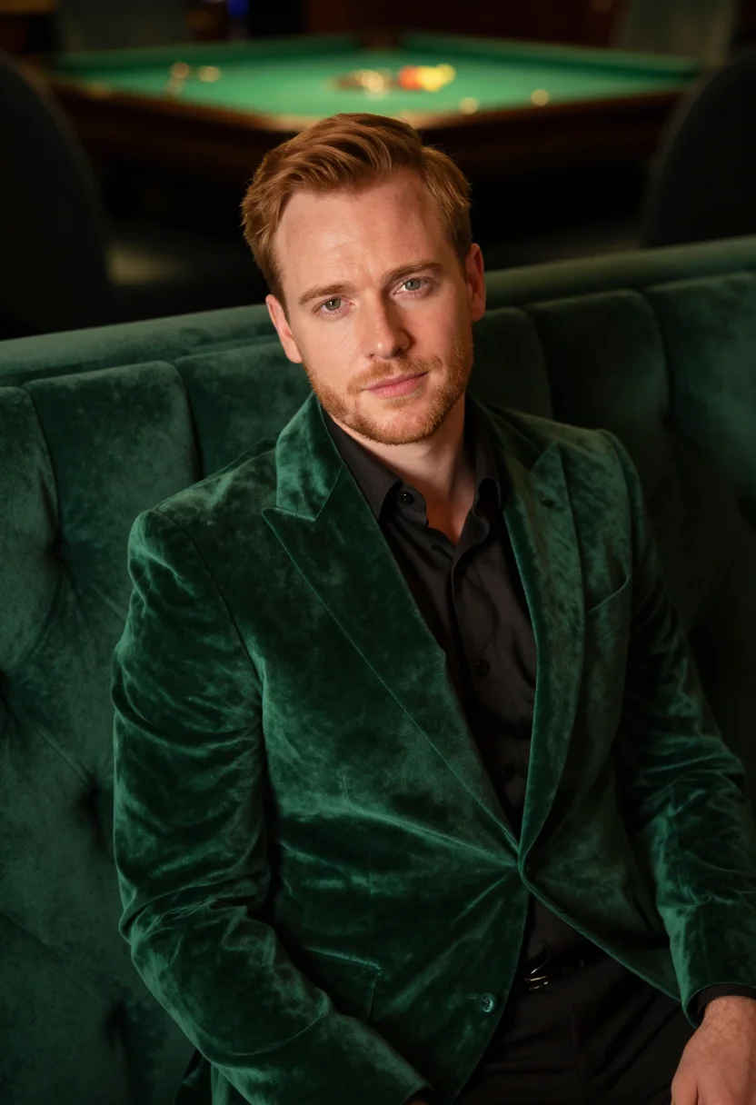 AI las vegas casino host emerald sample — portrait of a man, framed chest-up, cropped at the ribs, the