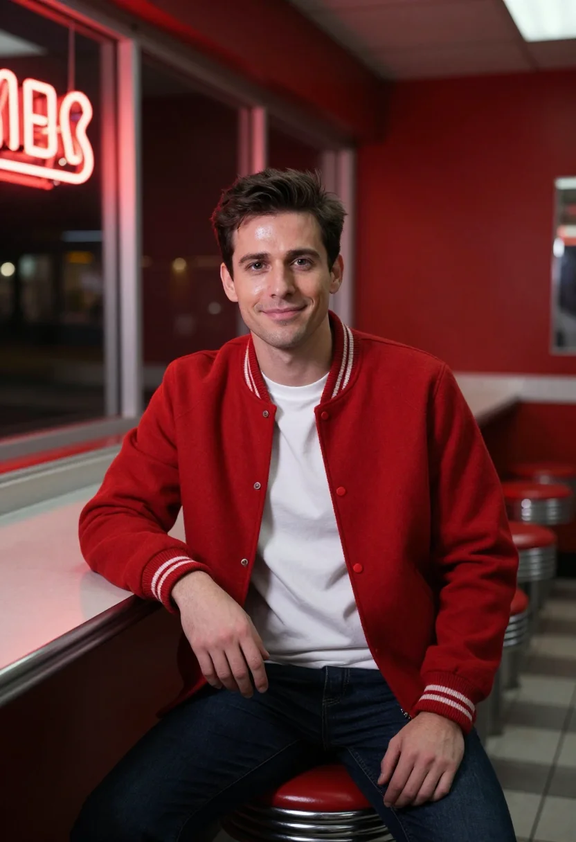 AI late night diner red booth sample — portrait of a man, framed half-length, cropped at the hip, t
