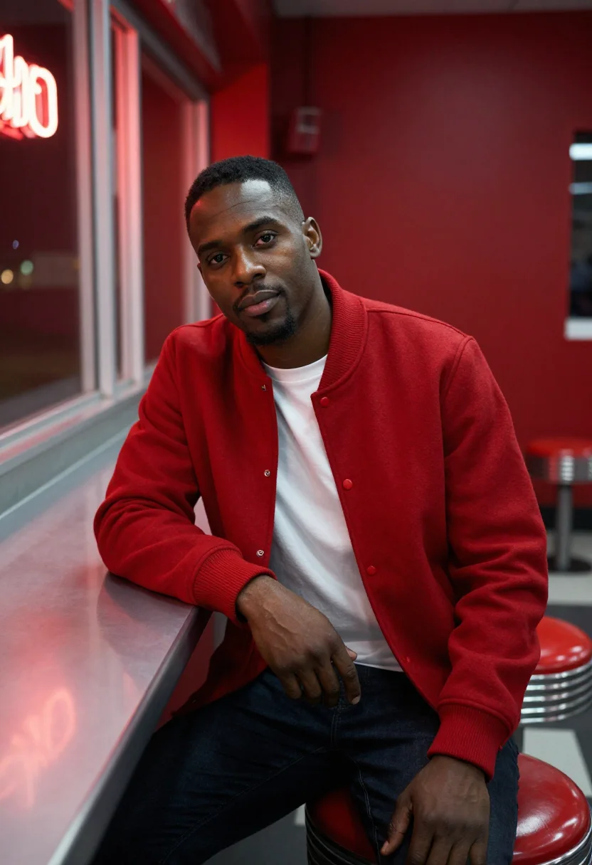 AI late night diner red booth sample — portrait of a man, framed chest-up, cropped at the ribs, the