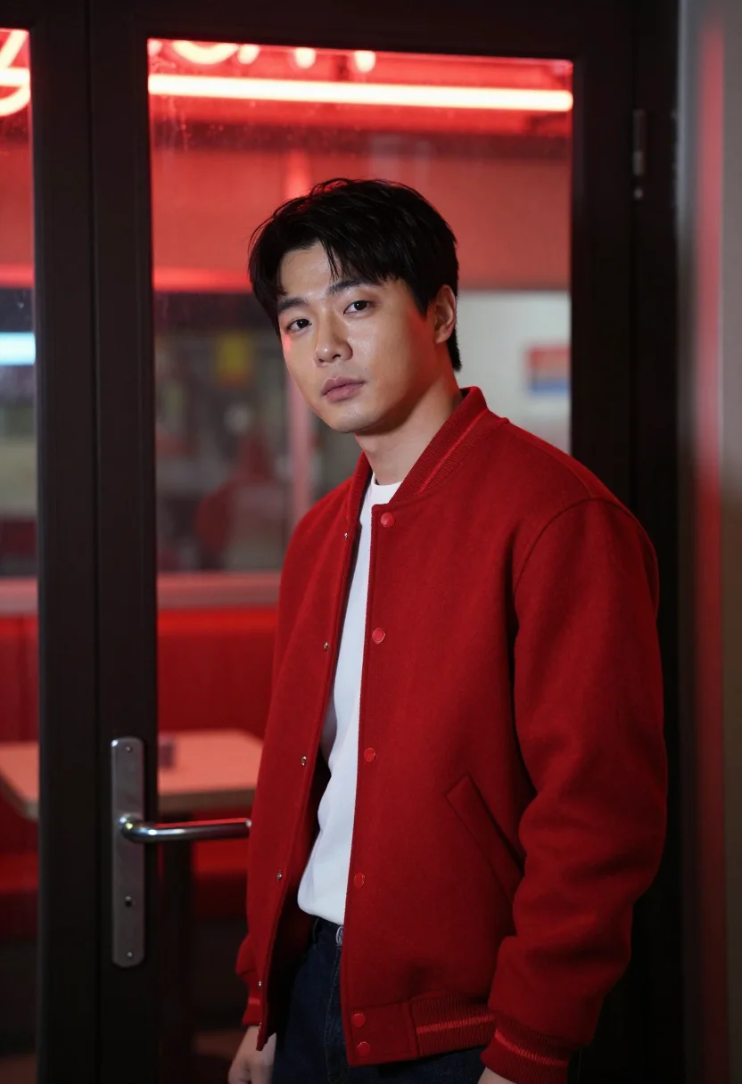 AI late night diner red booth sample — portrait of a man, framed chest-up, cropped at the ribs, the