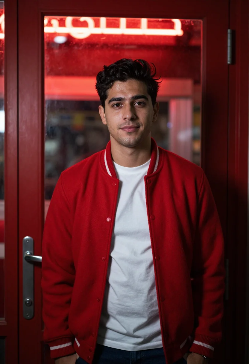 AI late night diner red booth sample — portrait of a man, framed tight, head and shoulders, the bod