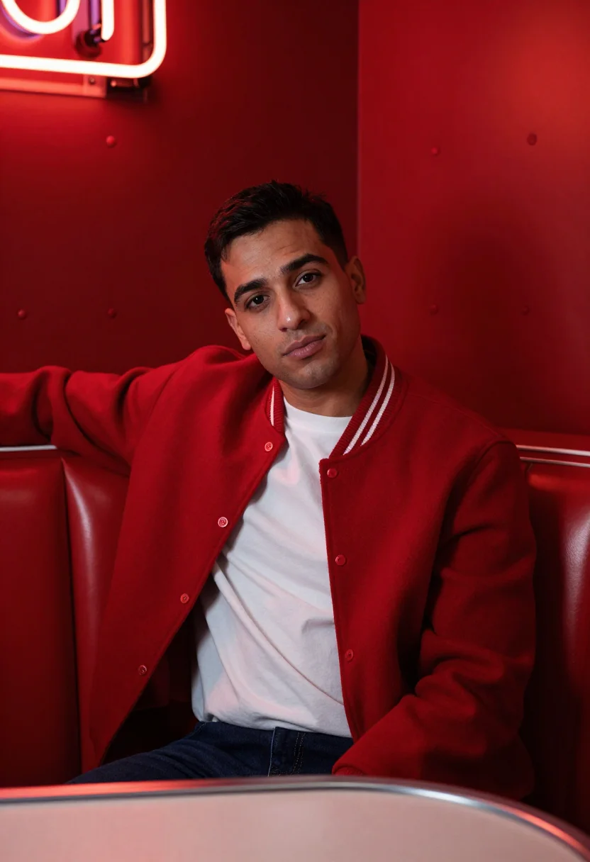 AI late night diner red booth sample — portrait of a man, framed chest-up, cropped at the ribs, the