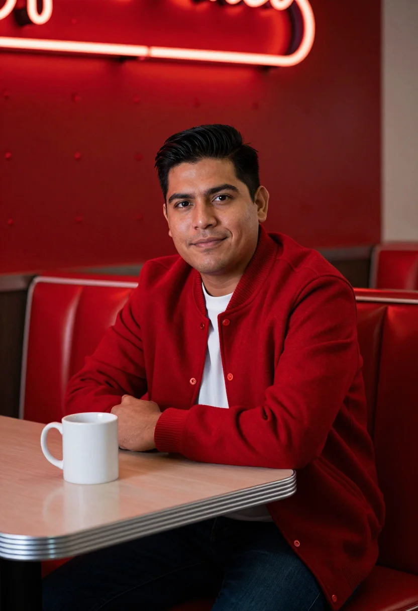 AI late night diner red booth sample — portrait of a man, framed half-length, cropped at the hip, t