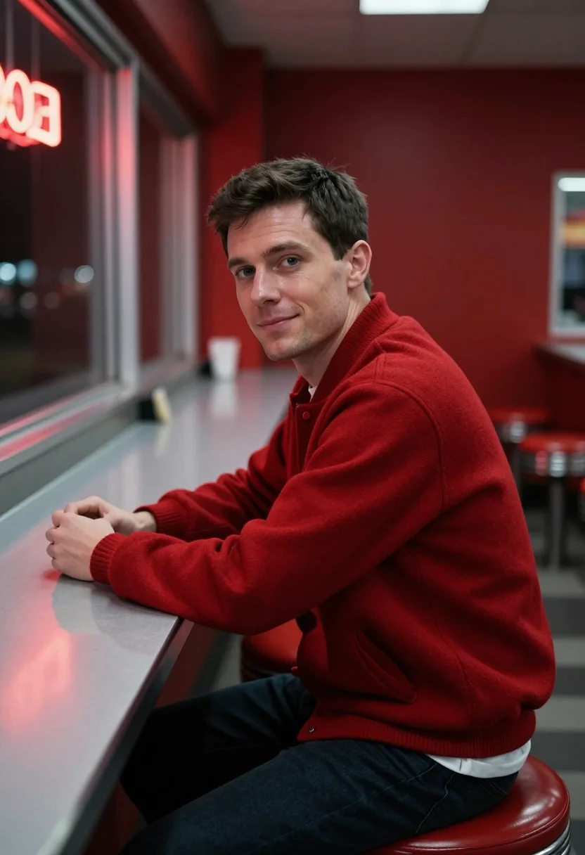 AI late night diner red booth sample — portrait of a man, framed tight, head and shoulders, the bod