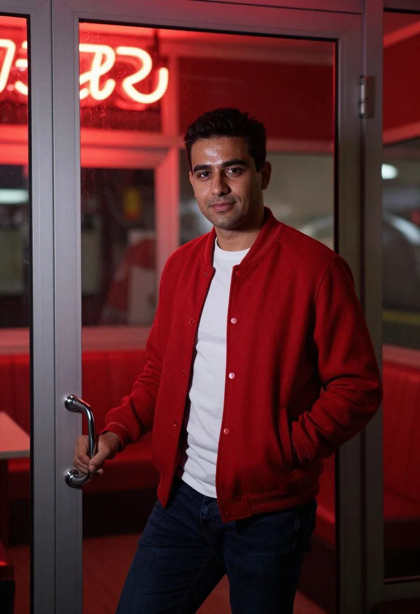 AI late night diner red booth sample — portrait of a man, framed half-length, cropped at the hip, t