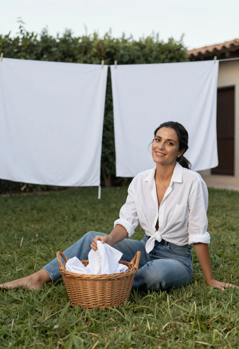 AI laundry line yard sample — portrait of a woman, wide full-length view from across the y