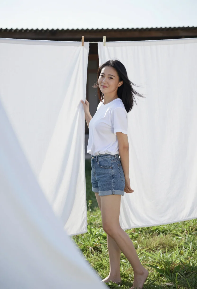 AI laundry line yard sample — portrait of a woman, wide three-quarter-length portrait from