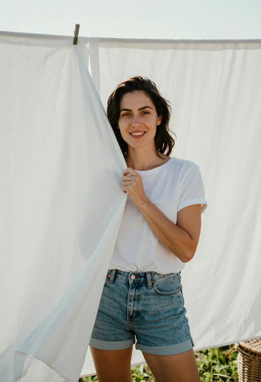 AI laundry line yard sample — portrait of a woman, tight chest-up portrait from straight i