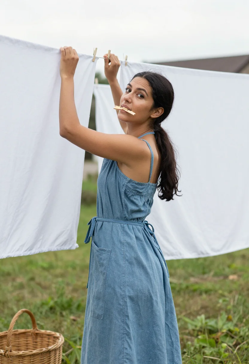AI laundry line yard sample — portrait of a woman, tight chest-up portrait from camera-lef
