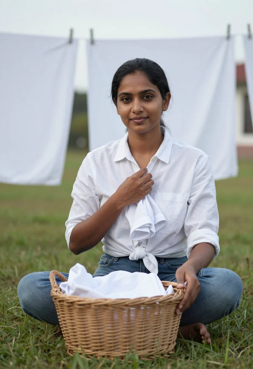 AI laundry line yard sample — portrait of a woman, tight chest-up portrait from camera-lef