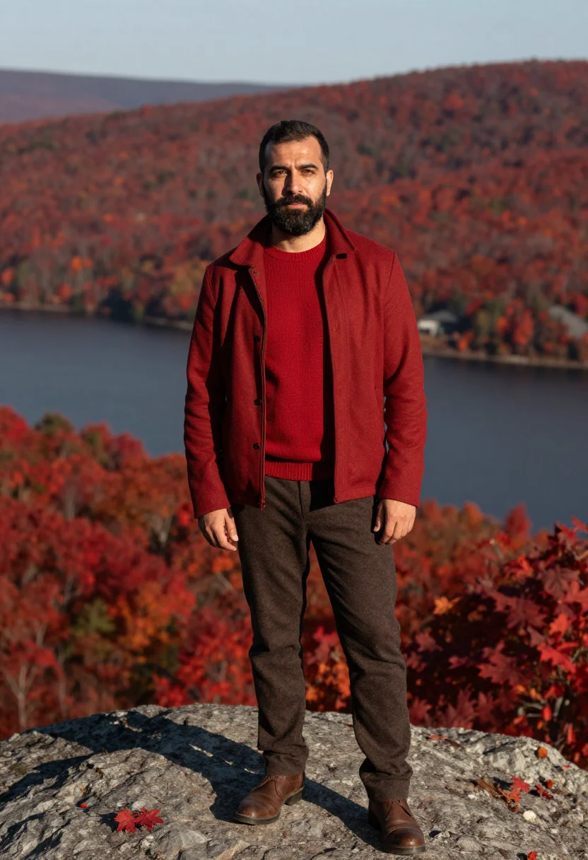 AI laurentians october red sample — portrait of a man, framed chest-up from the ribs, the body c
