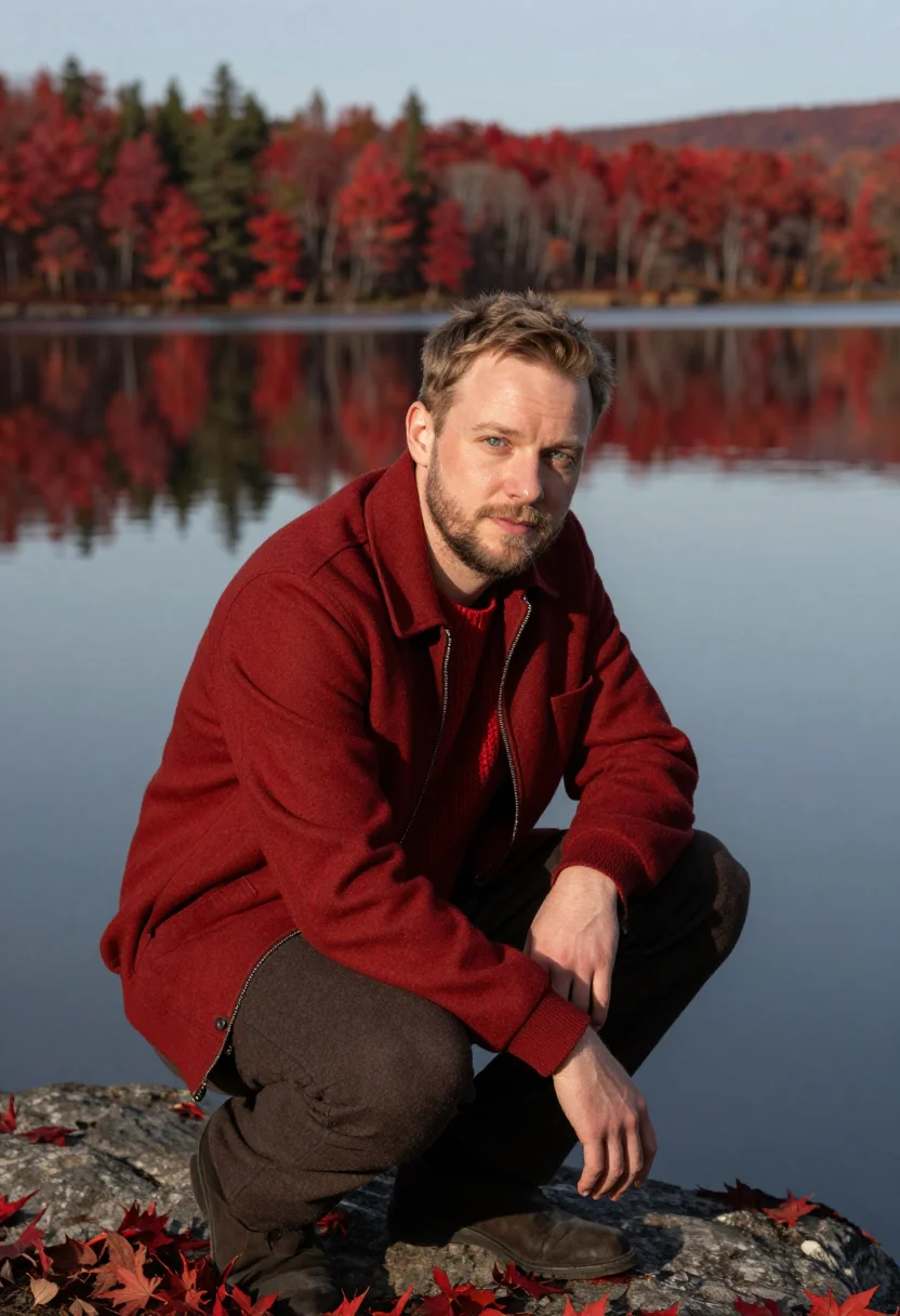 AI laurentians october red sample — portrait of a man, framed half-length from the waist up, a m