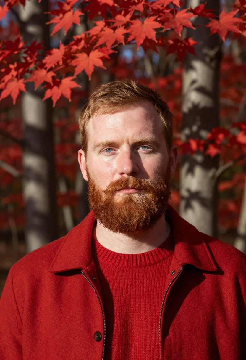 AI laurentians october red sample — portrait of a man, framed tight, head and shoulders, the bod