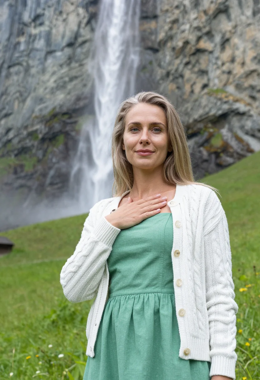 AI lauterbrunnen may waterfall green snow sample — portrait of a woman, framed chest-up, cropped at the ribs, t