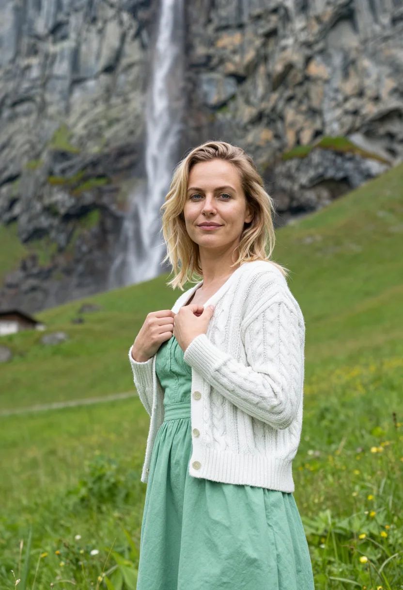 AI lauterbrunnen may waterfall green snow sample — portrait of a woman, framed chest-up, cropped at the ribs, t