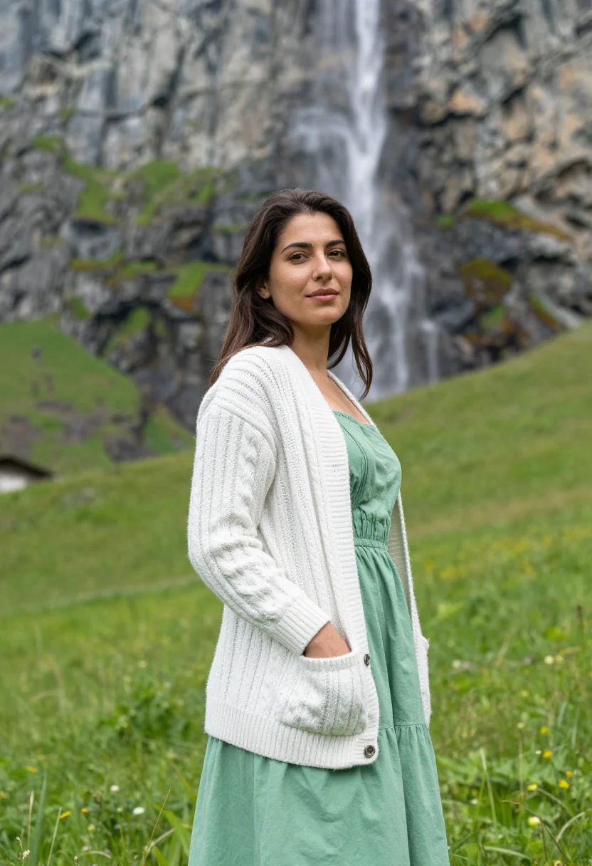 AI lauterbrunnen may waterfall green snow sample — portrait of a woman, framed half-length from the head to the