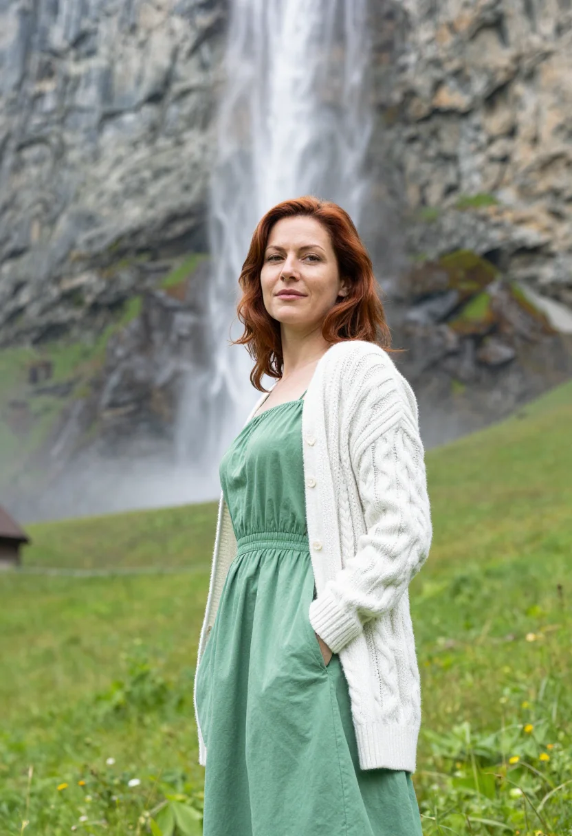 AI lauterbrunnen may waterfall green snow sample — portrait of a woman, framed half-length from the head to the