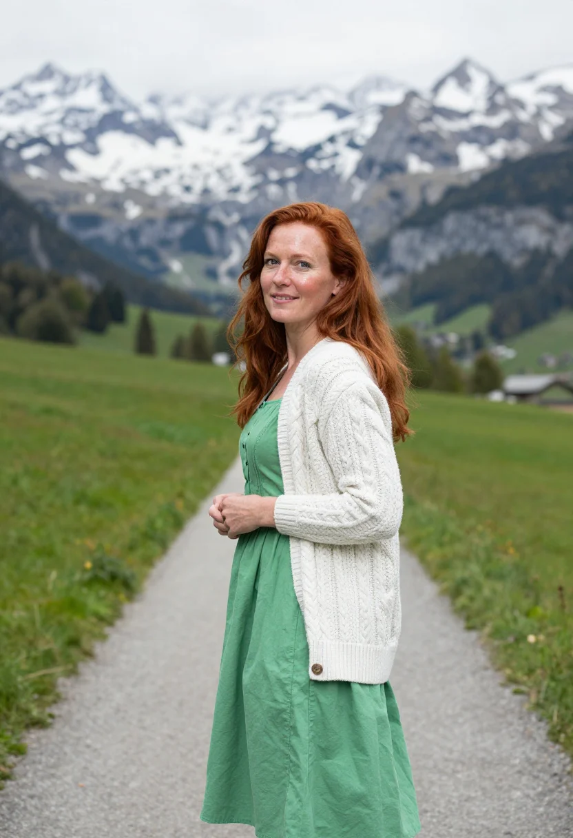 AI lauterbrunnen may waterfall green snow sample — portrait of a woman, framed half-length from the head to the