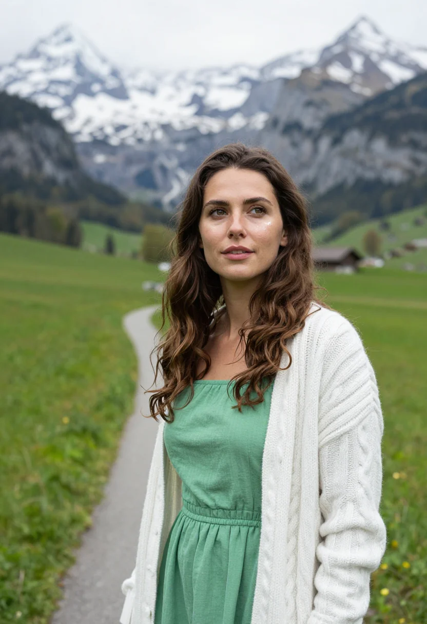 AI lauterbrunnen may waterfall green snow sample — portrait of a woman, framed tight, head and shoulders, the b