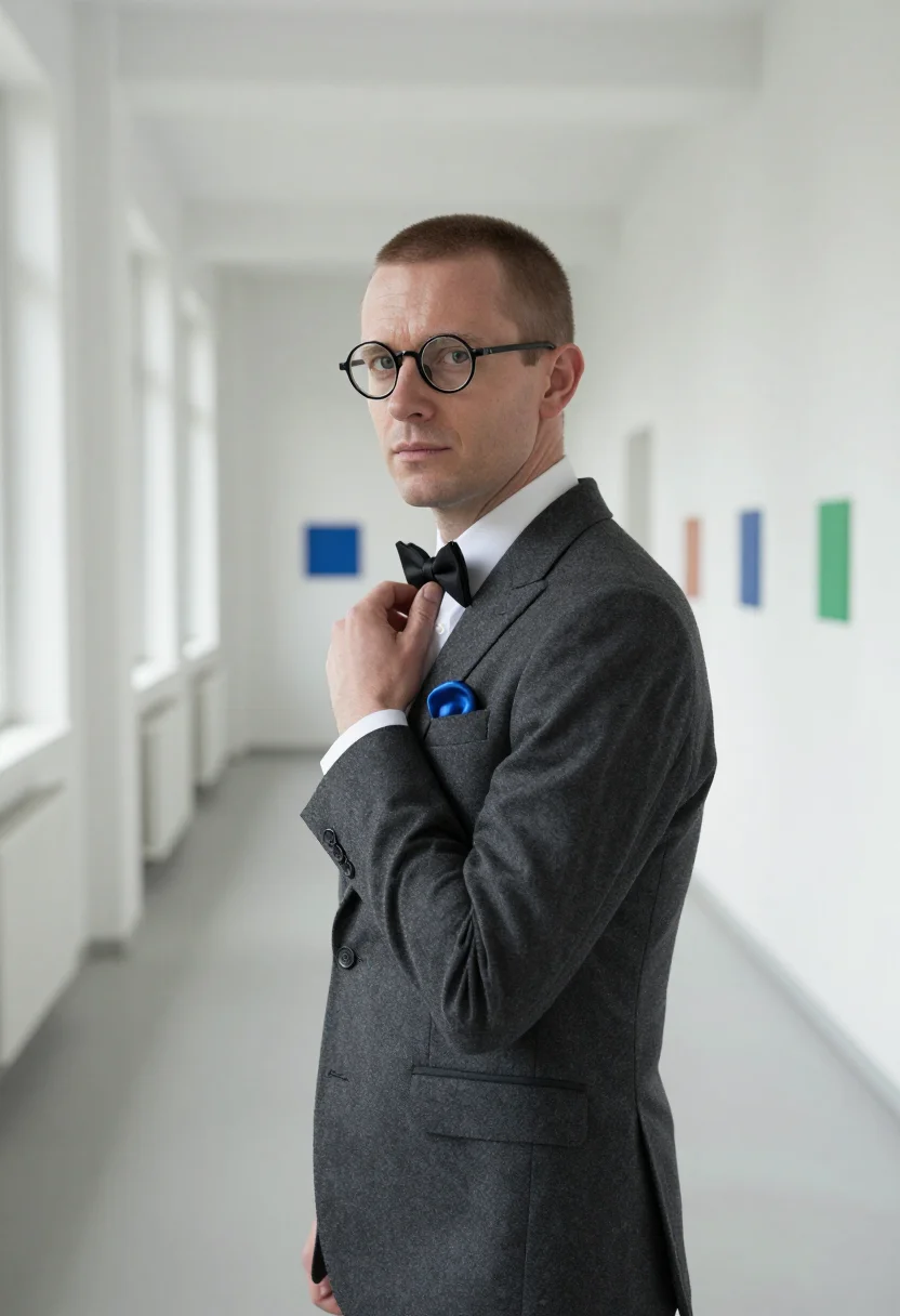 AI le corbusier rue de sevres salubra palette sample — portrait of a man, framed chest-up, cropped at the ribs, the