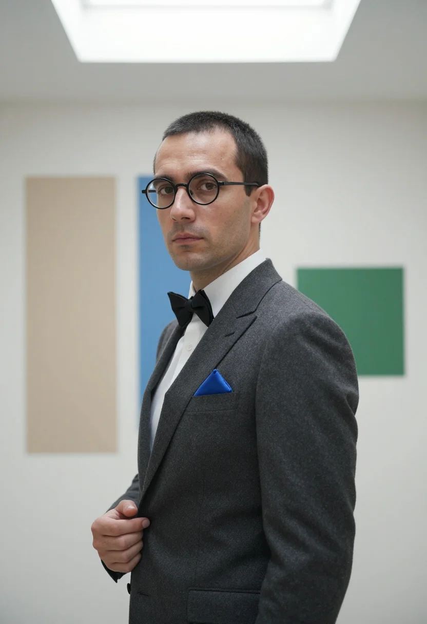 AI le corbusier rue de sevres salubra palette sample — portrait of a man, framed chest-up, cropped at the ribs, the
