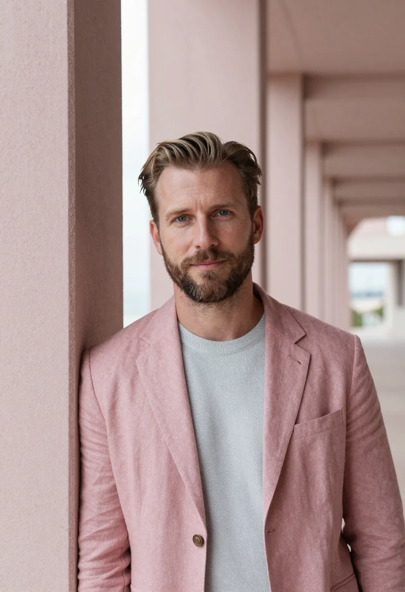 AI le havre architect perret concrete pink sample — portrait of a man, in his early forties, French, with fair s