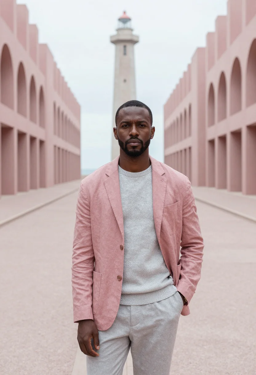 AI le havre architect perret concrete pink sample — portrait of a man, in his mid-thirties, Black French, with d
