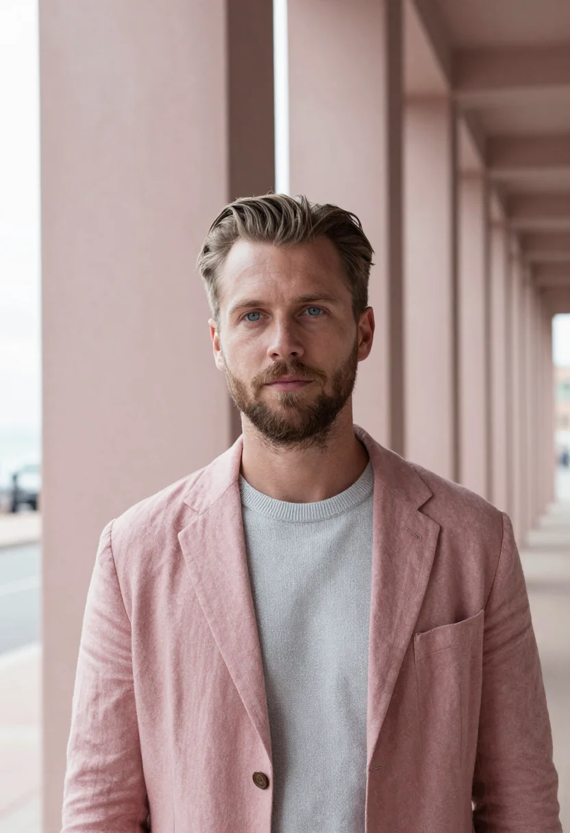 AI le havre architect perret concrete pink sample — portrait of a man, in his early forties, French, with fair s