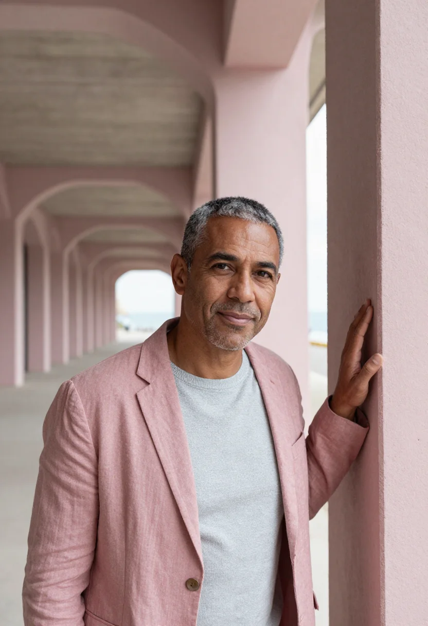 AI le havre architect perret concrete pink sample — portrait of a man, in his mid-fifties, with warm olive skin,