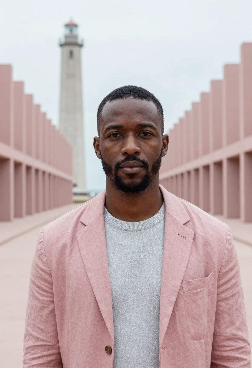 AI le havre architect perret concrete pink sample — portrait of a man, in his mid-thirties, Black French, with d