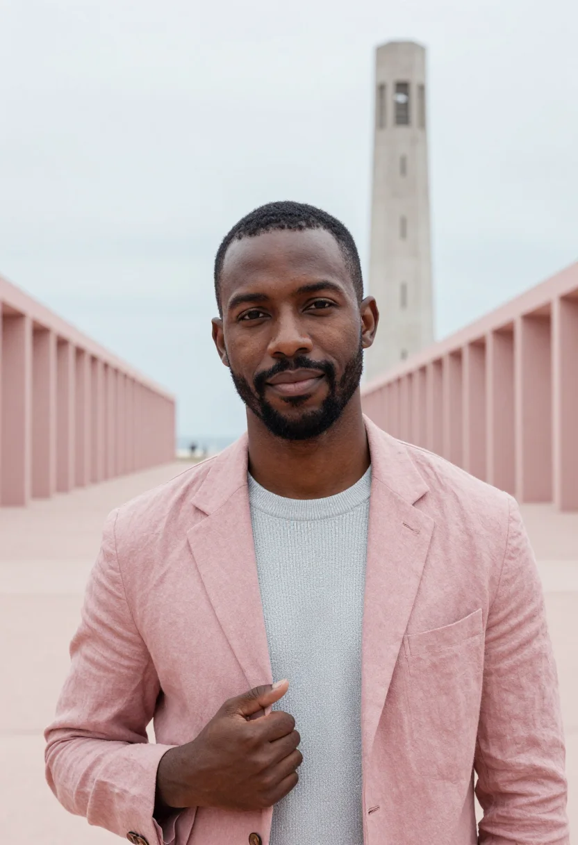 AI le havre architect perret concrete pink sample — portrait of a man, in his mid-thirties, Black French, with d