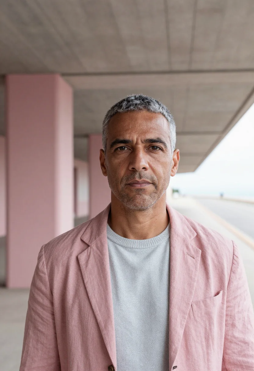AI le havre architect perret concrete pink sample — portrait of a man, in his mid-fifties, with warm olive skin,